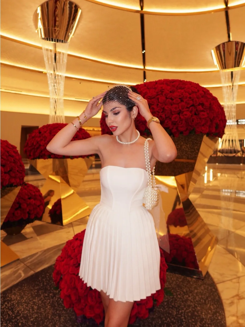 White Strapless Pleated Mini Dress